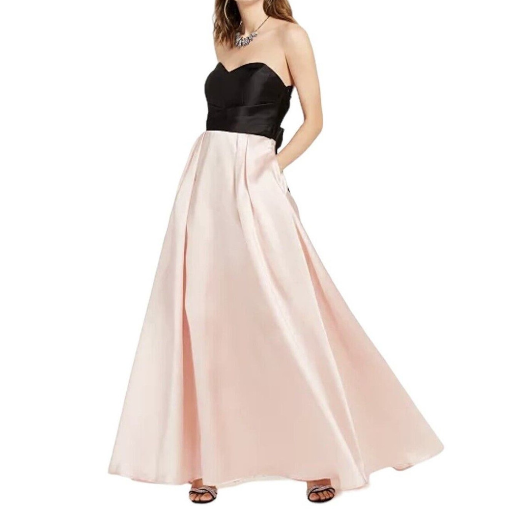 Teeze Me Corset Back Ball Gown Strapless Formal Maxi Peach Black Tie Prom Dress - Picture 2 of 16